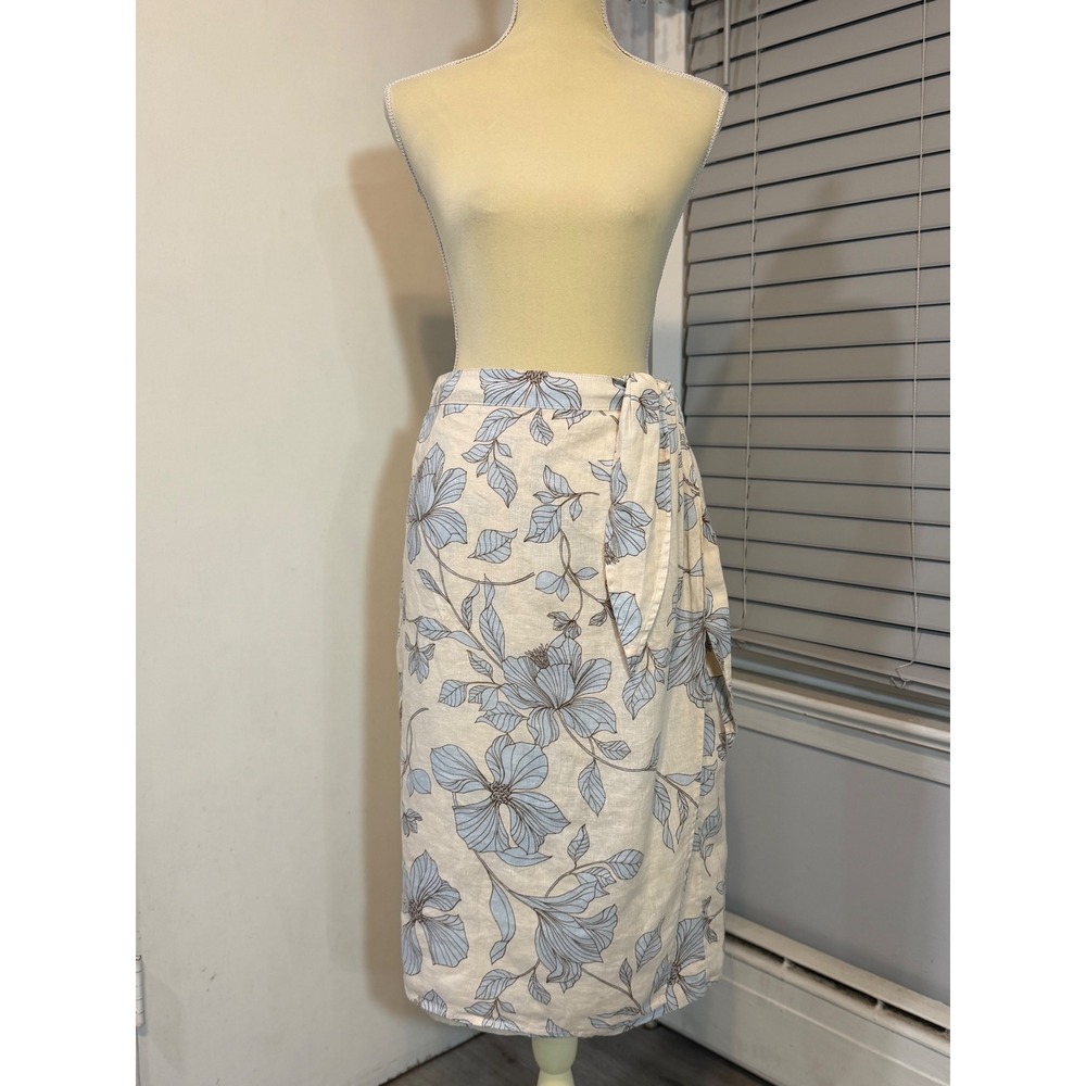 Cynthia Rowley 100% Linen Floral Wrap Midi Skirt Size Medium Blue Cream - Picture 3 of 13